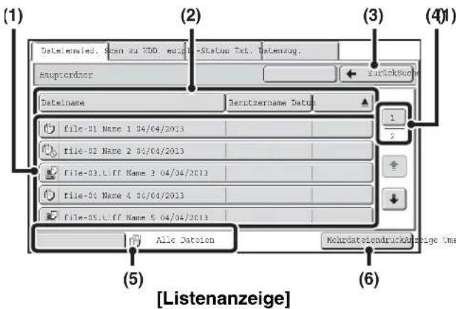 (1) Datelenwied. Scan zu HDD mag/Status Txt. datenzug. Rauptorder Datelname Derutszername Datel file-01 Name 1 04/04/2013 file-02 Name 2 02/04/2013 file-03.Liff Name 3 04/04/2013 file-04 Name 4 05/04/2013 file-05.Liff Name 5 04/04/2013 Alle Datoion Kehzdatolendruckdauzeige Ume [Listenanzeige] (2) (3) (4)(1)
