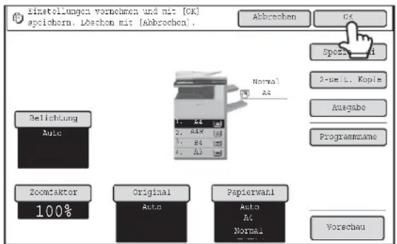 instellungen vornehmen und mit [CK] sycichern. Lechen mit [Abbrechen]. Abbrachen CX Spezialisi 2-emit. Kopin Ausgabe Programmname Belichtung Auto Normal A4 1. A4 2. A4 3. A4 4. A4 Zoomaktor 100% Original Auto Papierwahl Auto A4 Normal Vorschau