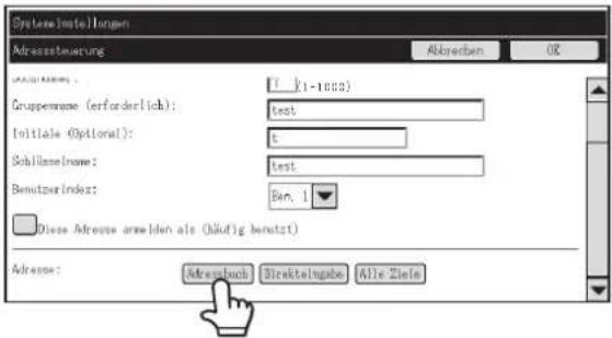 System Installungen Adresssteuering Akrediten OK A##100001: 1 (1-1000) Gruppenname (erforderlich): test Initiale (Optional): 6 Schillense(Sname): test Benutzerindex: Ban. 1 Diese Adresse anwelden als (mäßig benutzt) Adresse: Addressbuch Direktelungsbe Alle Zielin