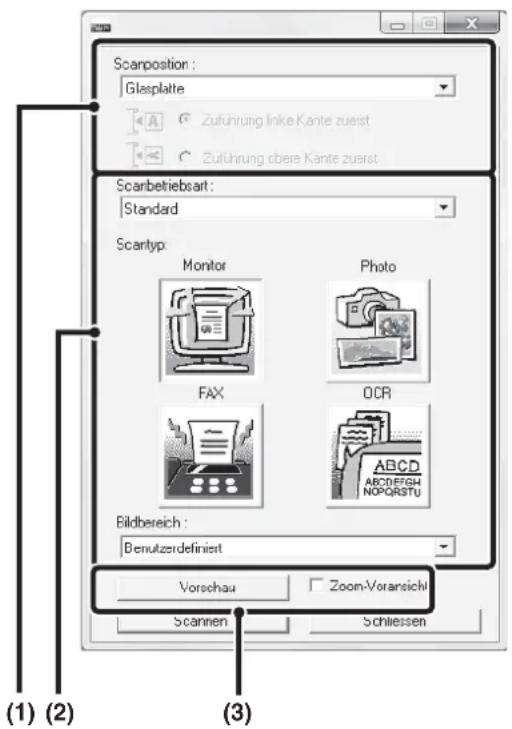 Scanpostion : Glasplatte Zuführung Inke Kante zuerst Zuführung obere Kante zuerst Scanbetriebsart : Standard Scantyp: Monitor Photo FAX OCR Bildbereich : Denutzerdefiniert Vorschau Zoom-Voransichl Scannen Schleissen (1) (2) (3)