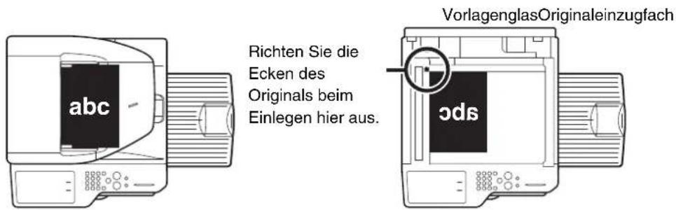 Richten Sie die Ecken des Originals beim Einlegen hier aus. abc VorlagenglasOriginaleinzugfach ods
