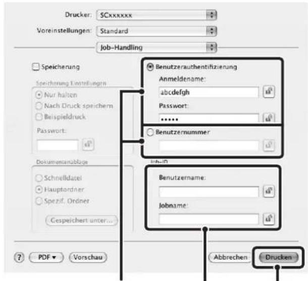 Drucker: SCxxxxxx Voreinstellungen: Standard Job-Handling Speicherung Speicherung Einstellungen: Nur halten Nach Druck speichern Beispieldruck Password: Dokumentenablage Schnelldatel Hauptordner Spezif. Ordner Gespeichert unter... ? PDF ▼ Vorschau Benutzerauthentifizierung Anmeldename: abcdefghijklmnopqrstuvwxyz: ...... Benutzernummer Job-ID Benutzername: jobname: Abbrechen Drucken