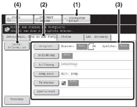 (4) (2) (1) (3) XOS E DOCUMENT ARLKM DOCUMENTIN RAGLAGE Bezieh zum Scannon zur Festpläste. [Letzt] zum Scan d. Original drücken. Dateio wied, Scan zu ISO Forp., Status Ext. Datenzug. Datei Information Original Scannem: Auto N4 Speicher Auto Belichtung Auto Auflösung 200x230dpi Komp. Rate Mist. Komp. Fiatmodus Auto Spezialmodi Vorschau