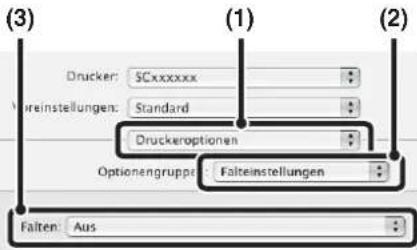 (3) Drucker: SCxxxxxxx Väreinstellungen: Standard Druckeroptionen Optionengruppe: Falteinstellungen Falten: Aus