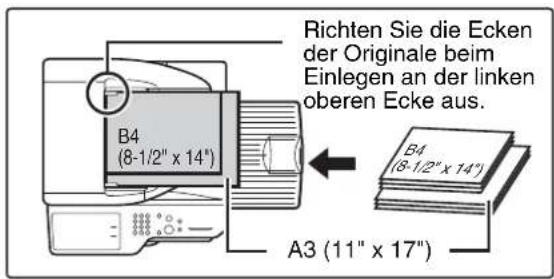 Richten Sie die Ecken der Originale beim Einlegen an der linken oberen Ecke aus. B4 (8-1/2" x 14") A3 (11" x 17")