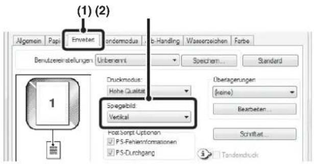 (1) (2) Algemein Papi Enweiter dondermodus b-Handling Wasserzeichen Farbe Benutzereinstellungen Unberannt Speichem Standard Druckmodus: Höhe Qualität Spegebild Vertical Over Sorpt Optionen PS-Fehiernformationen PS-Durchgang Überagerungen (Keine) Bearbeten... Schriftat... Tandonduck