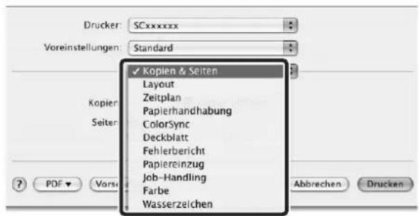 Drucker: SCxxxxxx Voreinstellungen: Standard Kopien & Seiten Layout Zeitplan Papierhandhabung ColorSync Deckblatt Fehlerbericht Papiereinzug Job-Handling Farbe Wasserzeichen