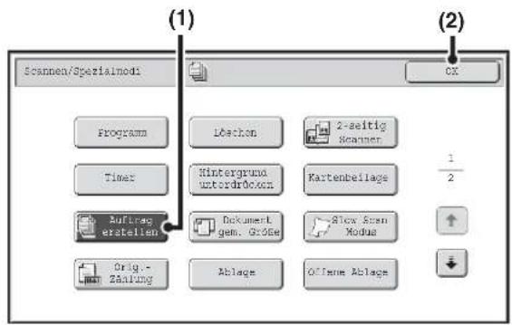 (1) Scannen/Spezialnord Program Timer Auftrags erstellen Orig.-Zählung Deachon Hintergrund unterdrocken Dokument gem. Größe Ablage 2-seitig Scanner Kartenbeilage Flow Scan Modus Offense Ablage (2) OX 1/2