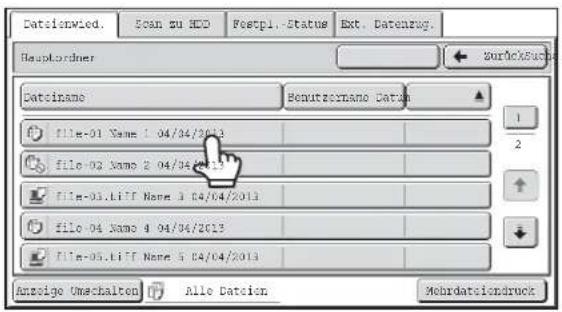 Datei wird. Scan zu HDD Festpl. - Status Ext. Datenzug. Neuer Ordner Dateiname Benutzername Datum file-01 Name 1 04/04/2013 file-02 Name 2 04/04/2013 file-03.tiff Name 3 04/04/2013 file-04 Name 4 04/04/2013 file-05.tiff Name 5 04/04/2013 Anzeige Umschalten Alle Dateien Mehrdateiendruck
