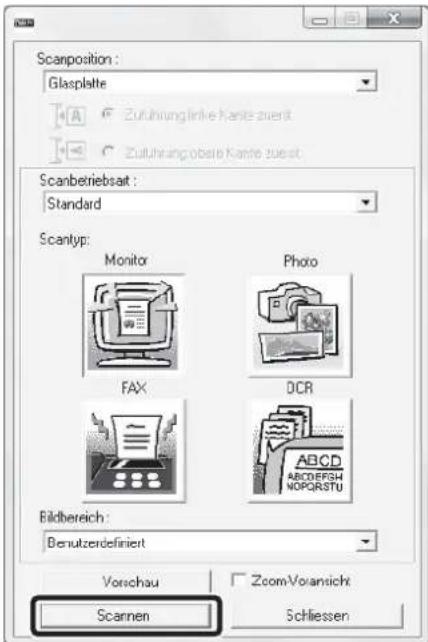 Scanposition: Glasplatte Zuführung linke Kante erwartet Zuführung obere Kante stützt Scanbetriebsart: Standard Scantyp: Monitor Photo FAX DCR ABCD ABCOFF34 NOPORSTU Bildbereich: Benutzerdefiniert Vorschau ZoomVoransicht Scannen Schließen
