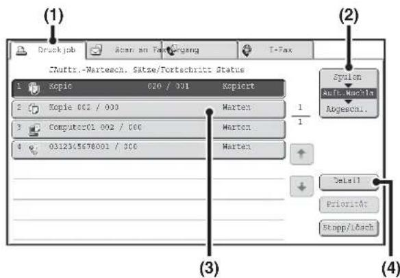 (1) Druckjob Scan an Fax/Ausgang T-Fax (2) Auftr.-Warteschl. Sätze/Fortschritt Status 1 Kopie 020 / 301 Kopiert 2 Kopie 002 / 000 Warten 3 Computer01 002 / 000 Warten 4 03125/5678001 / 000 Warten System Auftr. Wechsel Abgeschl. Detail Priorität Stopp/Löschen (3) (4)