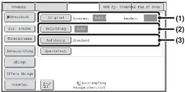 Scanica USB Sy. Scanexi Fax PC Scan Adressbuch Original Sentiment: Auto Sendents: Dir. sendon Belichtung Auto Interadresse Auflösung Standard Adressprüfung Spezialmodi Ablage Offene Ablage Vorachai Auto-Kmpfang Faxpreicher:100% (1) (2) (3)