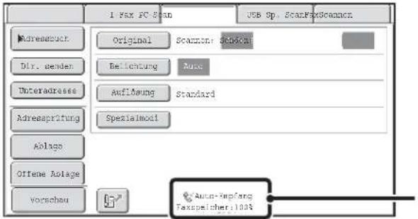 I Max FC Span USB Sp. ScanFax Scanoff Adressbuch Direkt senden Unteradresse Adressprüfung Ablage Offene Ablage Vorschau Original Scanen: Sonderformat Belichtung Auto Auflösung Standard Spezialmodi Auto-Empfang Faxspeicher: 100%