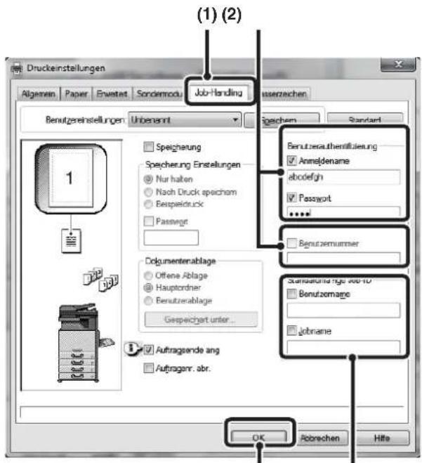 (1) (2) Druckeinstellungen Allgemein Papier Erweitert Sondermodus Job-Handling Benutzereinstellungen Unbenannt Speichern Standard Speicherung Speicherung Einstellungen Nur halten Nach Druck speichern Beispieldruck Passwort Dokumentenablage Offene Ablage Hauptordner Benutzerablage Gespeichert unter..…