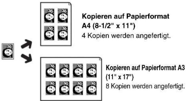 Kopieren auf Papierformat A4 (8-1/2" x 11") 4 Kopien werden angefertigt. Kopieren auf Papierformat A3 (11" x 17") 8 Kopien werden angefertigt.