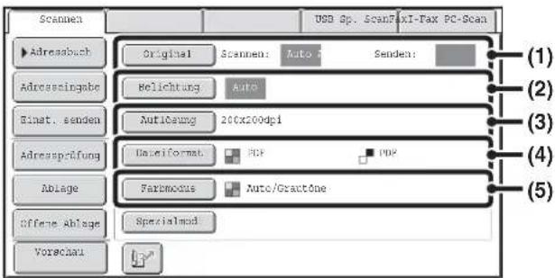 Scannen Original Scannen: Auto Senden: (1) (2) (3) (4) (5) Adressbuch Adresseingabe Einst. senden Auflösung 200x200dpi Adressprüfung Dateiformat PDF PDF Ablage Farbmodus Auto/Graustufen Offene Ablage Spezialmodus Vorschau