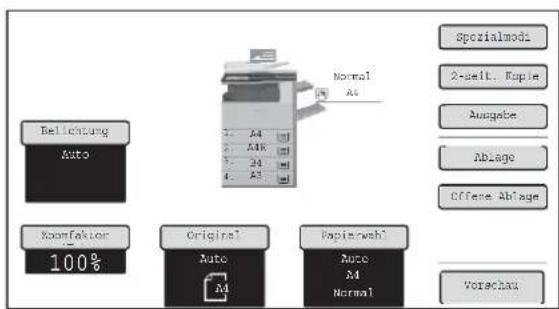 Belichtung Auto Zoomfaktor 100% Original Auto A4 Papierwahl Auto A4 Normal Normal A4 A3 A4 A3 Spezialmodi 2-seit. Kopie Ausgabe Ablage Offene Ablage Vorschau