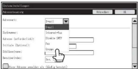 Systemeinstellungen Adresssteuerung Abrechnen OK Adressart: E-mail E-mail Sachnummer: Internet-Fax Adresse (erforderlich): Direkte SMTP Initiale (Optional): Fax Schlüsselname: Gruppe Benutzerindex: Bm. 1 Diese Adresse anmelden als (mäßig benutzt)