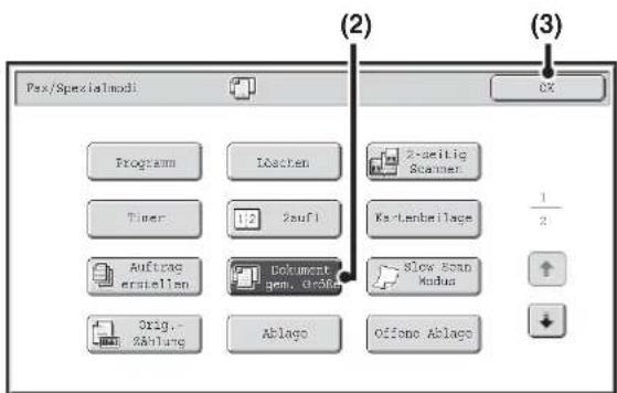 Fax/Spezialmodi Programme Timer 1/2 Zufuhr Auftrag erstellen Dokument gem. Größe Orig. Rüstung Ablage 2-seitig Scanner Kartenbeilage Slow Scan Modus Offene Ablage (2) (3)