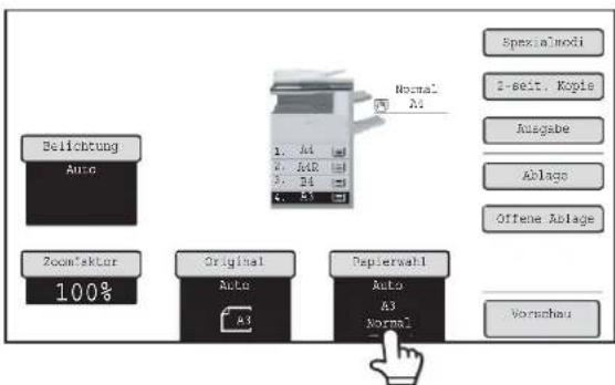 Einstellung Auto Zoomfaktor 100% Original Auto A3 Papierwahl Auto A3 Normal Normal 1. A4 2. A5 3. A6 4. A7 Spezialmodi 1-seitige Kopie Ausgabe Ablage Offene Ablage Vorschau