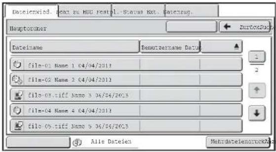 Datei wird. Scan zu HDD forest Status Ext. Dateizug. Hauptordner Dateiname Benutzername Datum file-01 Name 1 04/04/2013 file-02 Name 2 04/04/2013 file-03.tiff Name 3 06/04/2013 file-04 Name 4 04/04/2013 file-05.tiff Name 5 06/04/2013 Alle Dateien Mehrdateien drucken