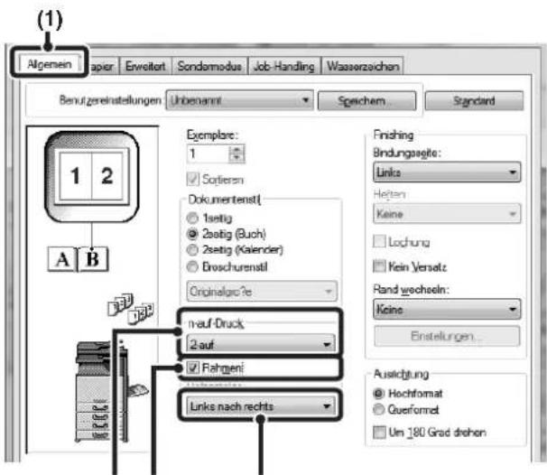 Allgemein Papier Erweitert Sondermodus Job-Handling Wasserzeichen Benutzereinstellungen: Unbenannt Speichern Standard 1 2 A B Exemplare: 1 ✓ Sortieren Dokumentenstil ○ 1-seitig ● 2-seitig (Buch) ○ 2-seitig (Kalender) ○ Broschürenstil Originalgröße n-auf-Druck 2-auf ✓ Fahren Links nach rechts Finishi…