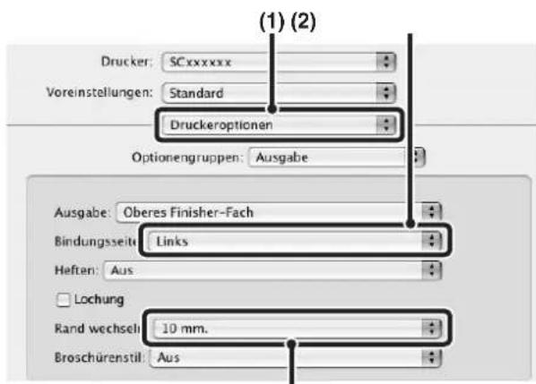 (1) (2) Drucker: SCxxxxxx Voreinstellungen: Standard Druckeroptionen Optionengruppen: Ausgabe Ausgabe: Oberes Finisher-Fach Bindungsseite: Links Heften: Aus Lochung Rand wechsel: 10 mm. Broschürenstil: Aus