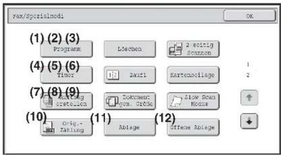 (1) (2) (3) Programm Löschen 2 ekitig Scannon (4) (5) (6) Timer Zauri Kartenocilage 1 2 (7) (8) (9) Aertrag erstellen Dokument gym. Größe Slow Scan Modus (10) Orig.- Zahlung Ablage Offene Ablage (11) (12)