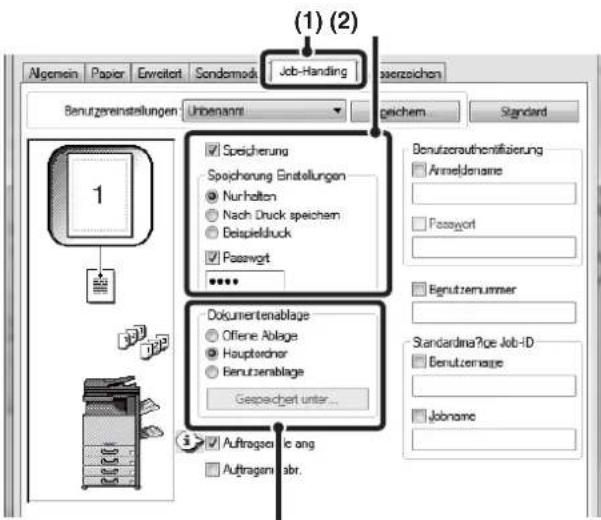 Allgemein, Papier, Erweitert, Sondermodus, Job-Handling, Benutzereinstellungen, Unbenannt, Speichern, Standard, Speicherung, Speicherung Einstellungen, Nur halten, Nach Druck speichern, Beispieldruck, Passwort, Dokumentenablage, Offene Ablage, Hauptordner, Benutzerablage, Gespeichert unter..., Auftr…