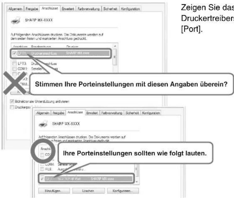 Allgemein Freigabe Anschluss Erweitert Farbverwaltung Sicherheit Konfiguration SHARP MX-XXXX Auf folgenden Anschlüssen drucken. Die Dokumente werden auf dem ersten freien und markierten Anschluss gedruckt. LPT1: Druckertreiber SHARP MX-xxxx LPT3: Druckertreiber COM1: Seriell COM2: Seriell Stimmen Ih…