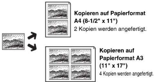 Kopieren auf Papierformat A4 (8-1/2" x 11"): 2 Kopien werden angefertigt. Kopieren auf Papierformat A3 (11" x 17"): 4 Kopien werden angefertigt.