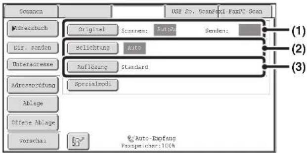 Scannen Original Scannen: Auto Senden: Direkt senden Belichtung Auto Unteradresse Auflösung Standard Adressprüfung Spezialmodi Ablage Offene Ablage Vorschau Auto-Empfang Faxspeicher: 100%