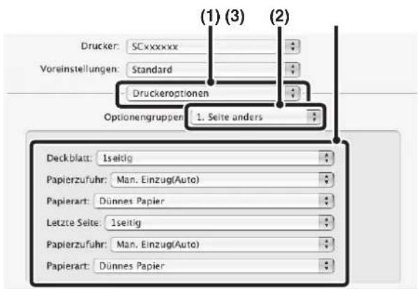 Drucker: SCxxxxxx Voreinstellungen: Standard Druckeroptionen Optionengruppen: 1. Seite anders Deckblatt: Iseitig Papierzufuhr: Man. Einzug (Auto) Papierart: Dünnes Papier Letzte Seite: Iseitig Papierzufuhr: Man. Einzug (Auto) Papierart: Dünnes Papier