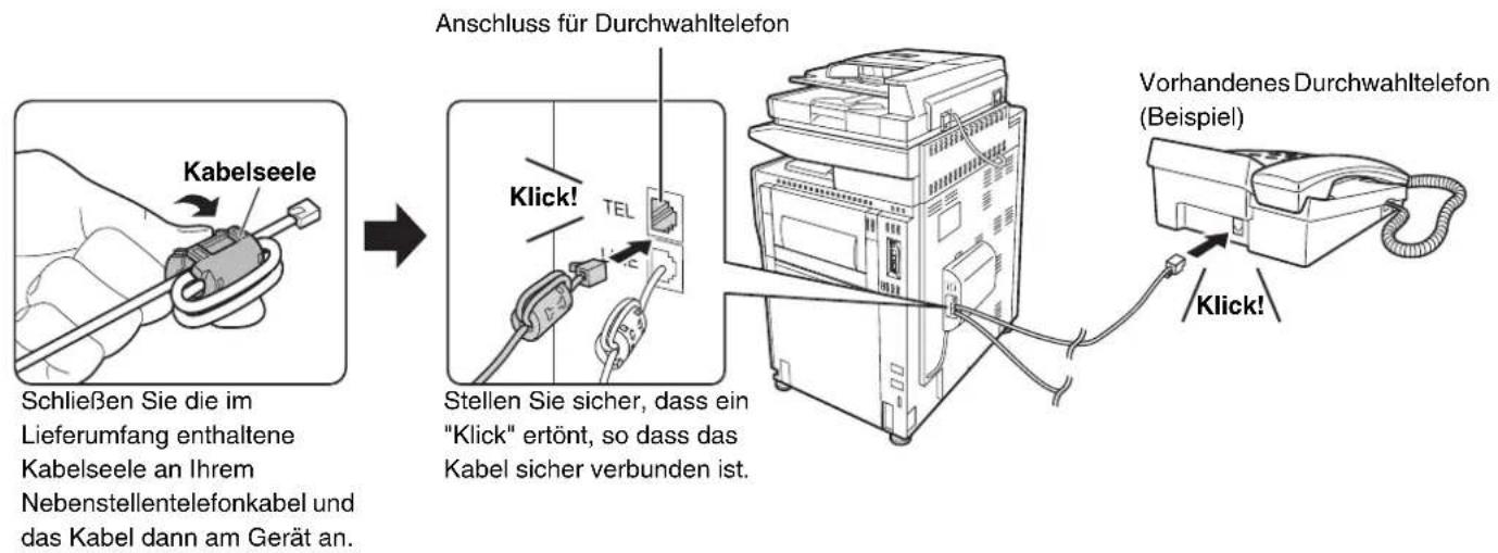 Kabelseele Schließen Sie die im Lieferumfang enthaltene Kabelseele an Ihrem Nebenstellentelefonkabel und das Kabel dann am Gerät an. Anschluss für Durchwahltelefon Klick! TEL Stellen Sie sicher, dass ein "Klick" ertönt, so dass das Kabel sicher verbunden ist. Vorhandenes Durchwahltelefon (Beispiel)…