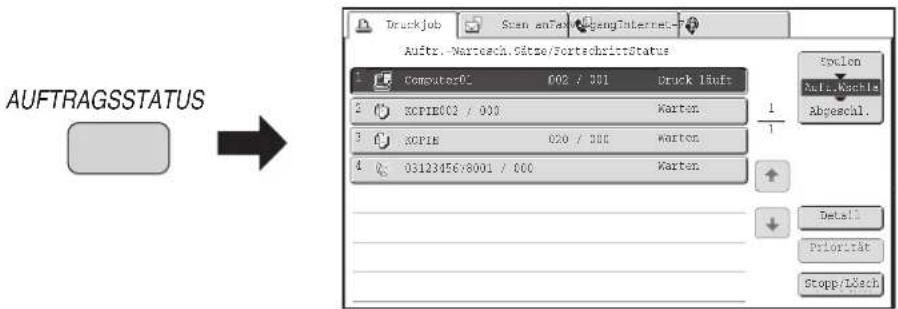 AuftragsStatus Druckjob Scan anTak/AbsangInternet-1 Auftr.-Wartach.Gärne/FortschriftStatus Computer0C 002 / 301 Druck 1/200 KSPIE002 / 000 Karten. KSPIE 020 / 300 Karten. 0312345678001 / 000 Karten. Specken Aufk.Rachte Abgeschl. Detail Priorität Stopp/Löck