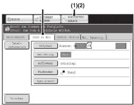 (1)(2) KOPIE DOKUMENT SENDEN DOKUMENTEN- ABLAGE Bereit zum Scannen für Festplatte. [Start] zum Senden des Originals drücken. Datei wird gesendet. Scan zu HDD Festpl.-Status Ext. Datenzug. Datei- Information Original Scannen: Spontel-34 Belichtung Auto Auflösung 600x800dpi Fachmodus Mono2 Spezialmodi…