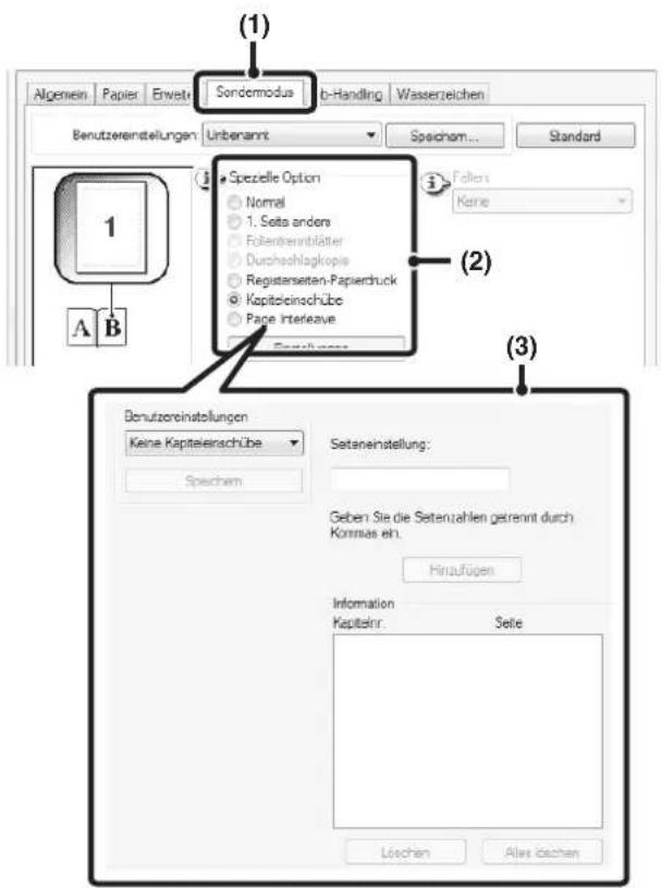 (1) Allgemein Papier Erweitert Sondermodus Job-Handling Wasserzeichen Benutzereinstellungen Unbenannt Speichern... Standard Spezielle Option Normal 1. Seite anders Folientrennblätter Durchschlagkopie Registerseiten-Papierdruck Kapitelinschübe Page Interleave Benutzerdefiniert Foltern Kern (2) (3) Be…