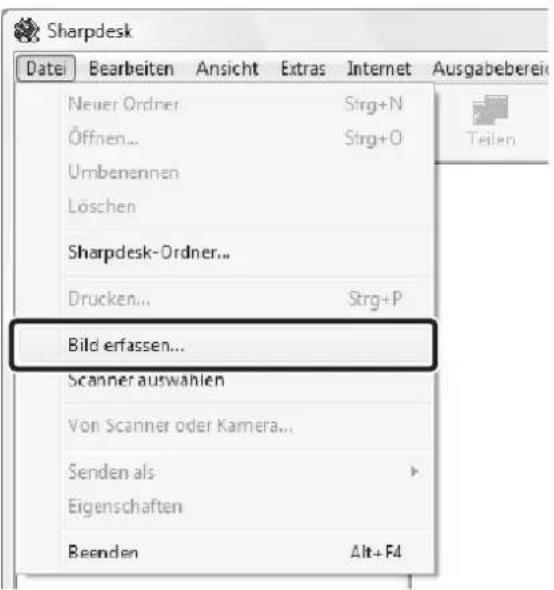 Sharpdesk Datei Bearbeiten Ansicht Extras Internet Ausgabeberein Neuer Ordner Strg+N Öffnen... Strg+O Umbenennen Löschen Sharpdesk-Ordner... Drucken... Strg+P Bild erfassen... Scanner auswählen Von Scanner oder Kamera... Senden als Eigenschaften Beenden Alt+F4