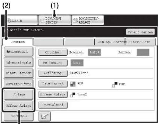 (2) (1) KOPIE DOKUMENT SENDEN DOKUMENTEN- ABLAGE Bereit zum Senden. Erneut senden Scannen USB Sp. ScanMXI-FaxPC-Scan Adressbuch Original Scannen: Auto R Senden: Adresseingabe Auflösung Auto Einst. Senden 200x200 dpi Adressprüfung Dateiformat PDF PDF Ablage Offene Ablage Mono2 Offene Ablage Spezialmo…