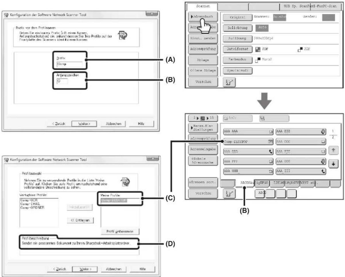 Konfiguration der Software Network Scanner Tool Protix vor dem Profilingen Geben Sie ein kurzes Protix (z.B. einen Namen, Anfangbuchstaben), anhand dessen Sie Ihre Profile auf der Frontplatte des Scanners identifizieren können. Protix Comp Anfangszeichen 0 (A) (B) < Zurück Weiter> Abbrechen Hilfe Sc…
