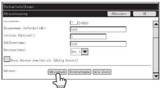 Systemeinstellungen Adresssteuerung Abbrechen OK MAGNUMEN: f_k-999 Gruppenname (erforderlich): test Initiale (optional): s Schlüsselname: test Benutzerindex: Betr. 1 □ Diese Adresse anmelden als (häufig benutzt) Adresse: Adressbuch Direktwahl Alle Ziele