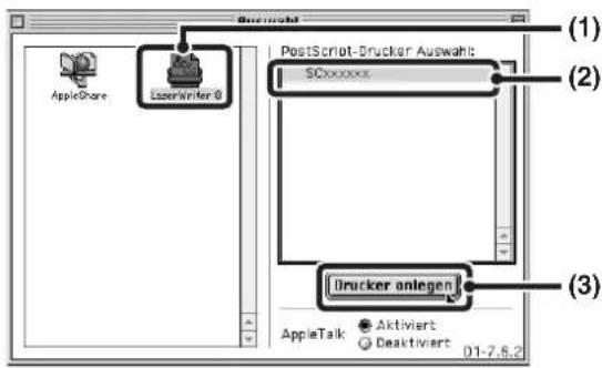 PostScript AppleShare LaserWinter 0 PostScript-Drucker Auswahl: SCxxxxxx Drucker anlegen AppleTalk Aktiviert Deaktiviert 01-7.5.2