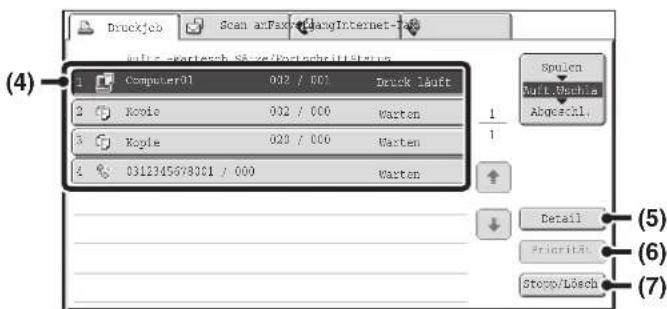 (4) Computer01 032 / 007 Druck läuft Kopie 032 / 000 Warten Kopie 020 / 000 Warten 0312345678001 / 000 Warten Spulen Auftr.Nachricht Abgeschl. Detail Priorität Stopp/Löschen (5) (6) (7)