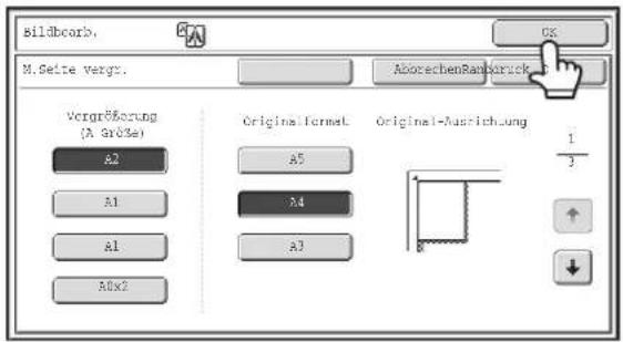 Bildbearbeitung Mehrere Seiten vergrößern Abbrechen Randdruck Vergrößerung (A Größe) A2 Originalformat Original-Ausrichtung A5 1/3 A1 A4 A3 A1 A0x2