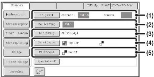 Scannen Original Scannen: Auto Senden: (1) (2) (3) (4) (5) Adressbuch Adresseingabe Einst. senden Adressprüfung Ablage Offene Ablage Vorschau Belichtung Auto Auflösung 200x200dpi Dateiformat: PDF Farbmodus Mono2 Spezialmodus:
