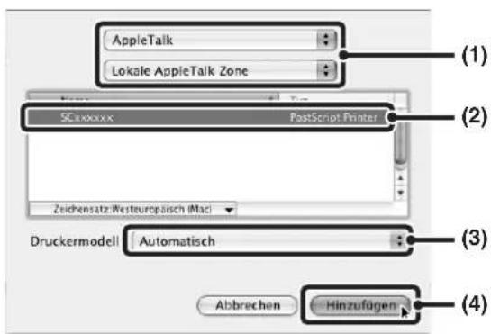 AppleTalk Lokale AppleTalk Zone (1) SCxxxxxx PostScript Printer Zeichensatz: Westeuropäisch (Mac) Druckermodell Automatisch Abbrechen Hinzufügen (2) (3) (4)