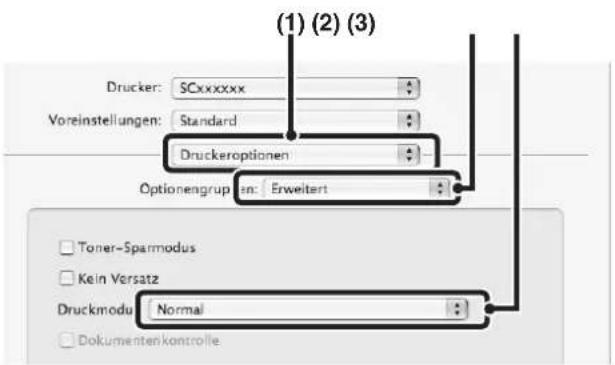 Drucker: SCxxxxxx Voreinstellungen: Standard Druckeroptionen Optionengruppen: Erweitert Toner-Sparmodus Kein Versatz Druckmodus: Normal Dokumentenkontrolle