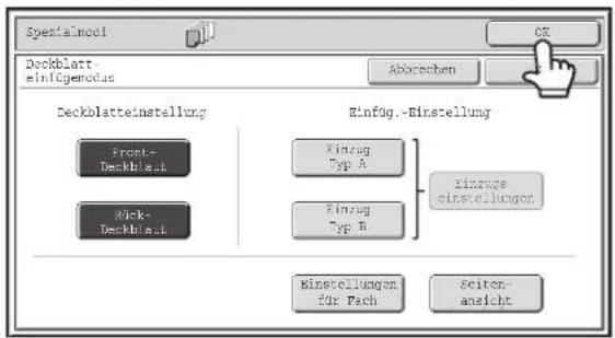 Spezialmodi Deckblatt-Einfügemodus Abbrechen OK Deckblatteinstellung Front-Deckblatt Rück-Deckblatt Einfüge-Einstellung Einzug Typ A Einzug Typ B Einzug-Einstellungen Einstellungen für Fach Seitenansicht