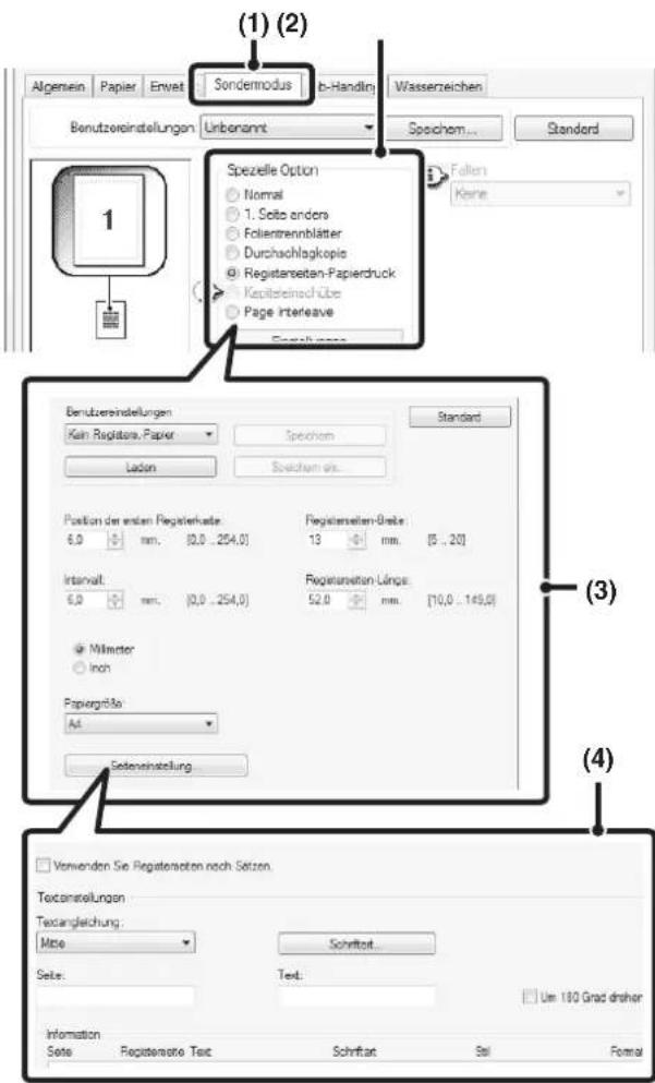 (1) (2) Allgemein Papier Erweitert Sondermodus Job-Handling Wasserzeichen Benutzereinstellungen Unbenannt Spezielle Option Normal 1. Seite anders Folientrennblätter Durchschlagkopie Registerseiten-Papierdruck Kapitelinschübe Page Interleave Standard Foltern Kern 1 Benutzereinstellungen Kapitel Regis…