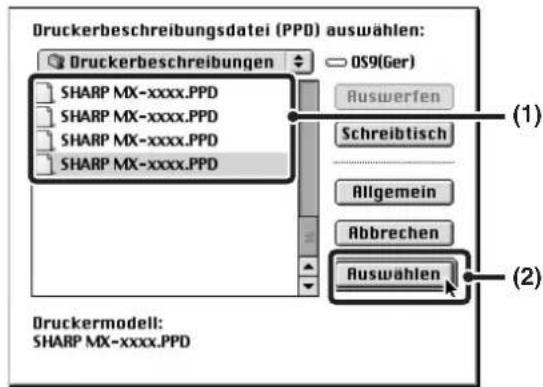 Druckerbeschreibungsdatei (PPD) auswählen: Druckerbeschreibungen OS9(Ger) SHARP MX-xxxx.PPD SHARP MX-xxxx.PPD SHARP MX-xxxx.PPD SHARP MX-xxxx.PPD Auswerfen Schreibtisch Allgemein Abbrechen Auswählen (1) (2) Druckermodell: SHARP MX-xxxx.PPD